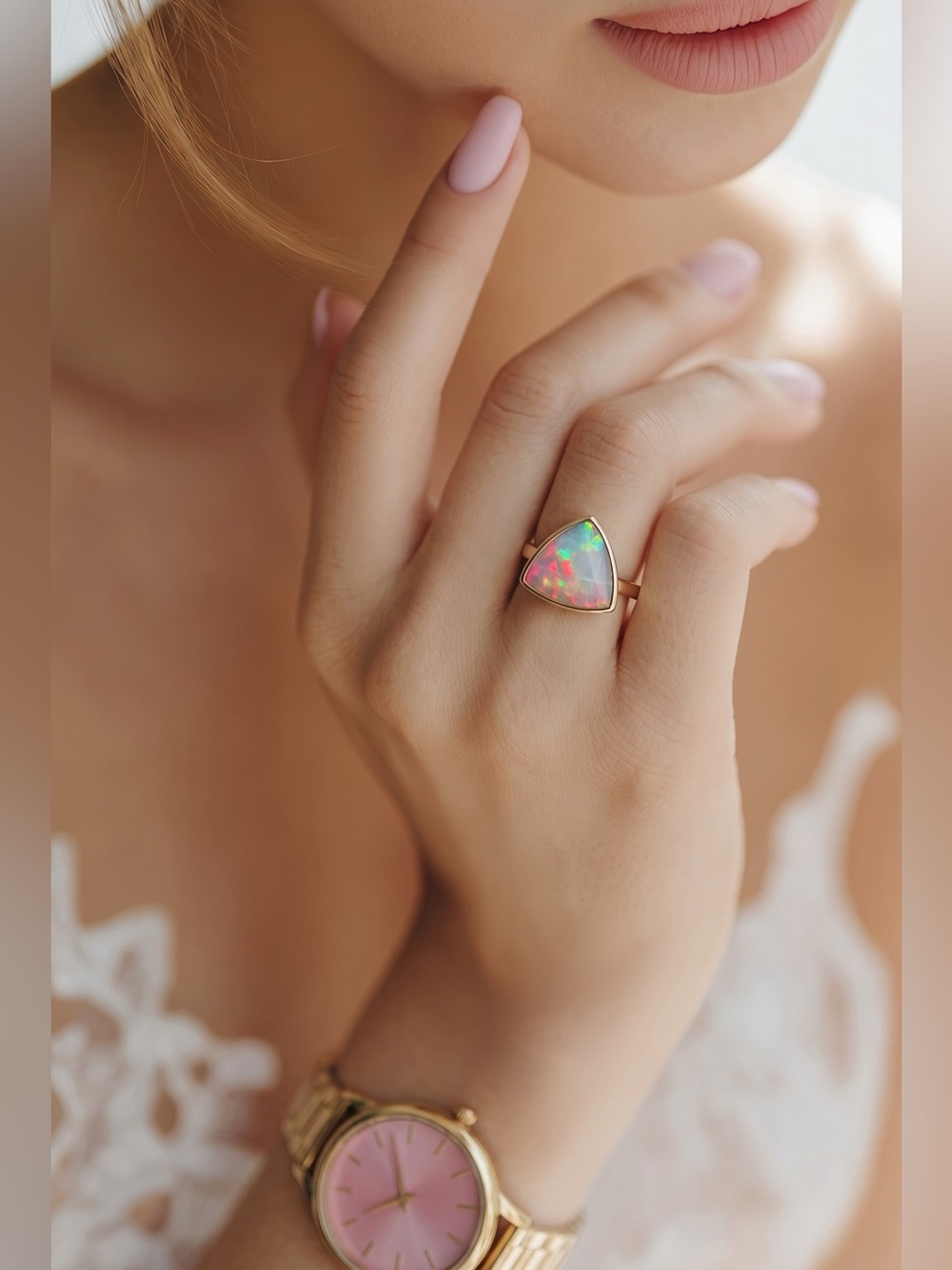 14k Gold Australian Opal Triangle Ring — Multi-Color Opal Accent - Picture 10 of 17